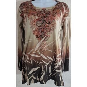 Decree Tan Orange Paisley Print Top Large Long Sleeves Round Neck Lightweight